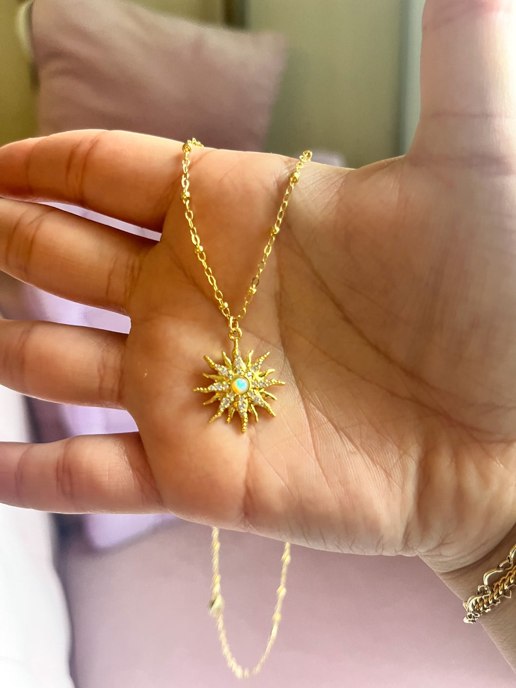 Opal Sunburst Charm Necklace - Gold Filled