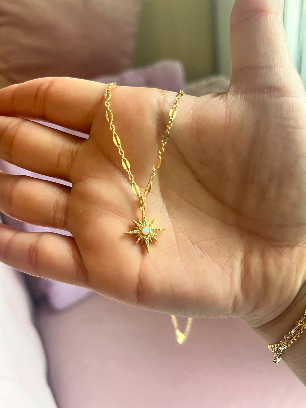 Large Celestial Opal Star Charm Necklace - Gold Filled