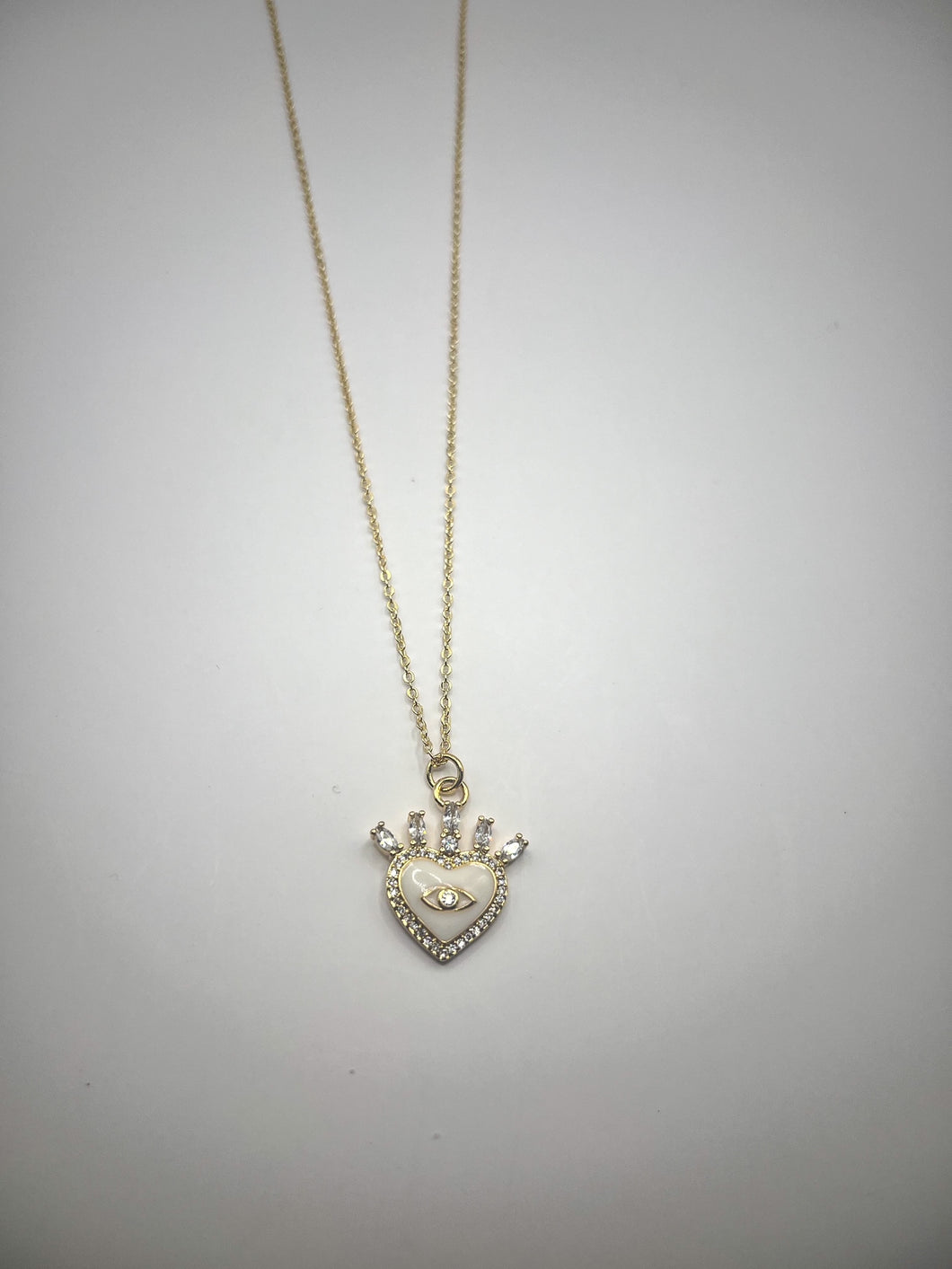 White Evil Eye Heart Necklace - Gold Filled